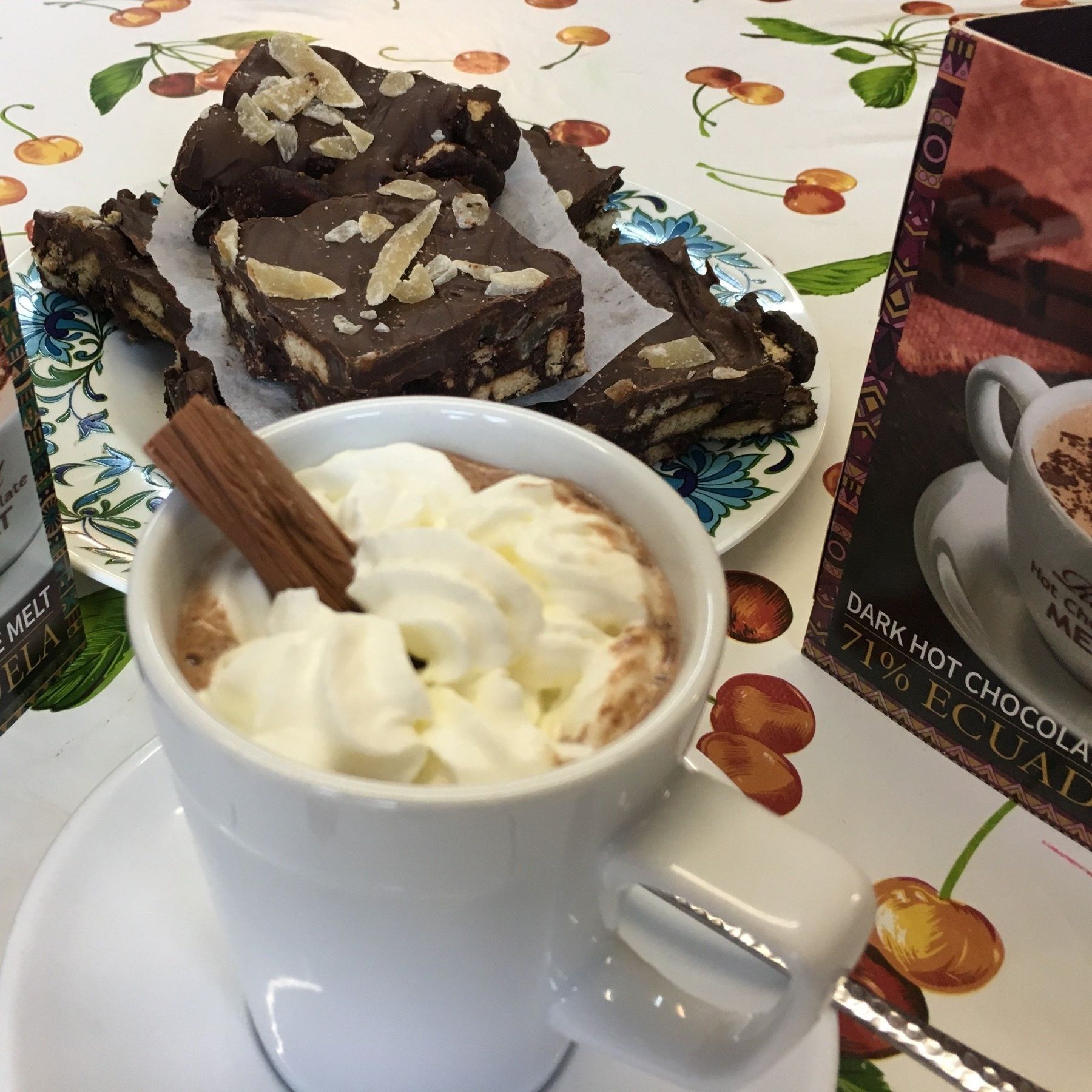 Our legendary Dark Chocolate and Ginger Tiffin with Marimba Hot Chocolate from Aardvark Cafe