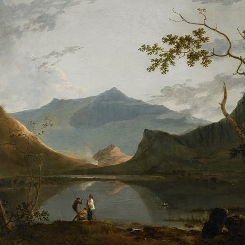 painting of people fishing on a lake with a mountain in the background