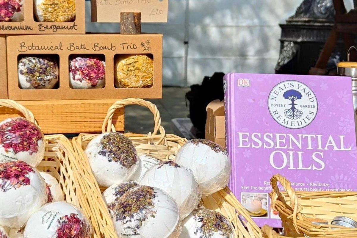 A wide array of natural looking bath bombs on a stall