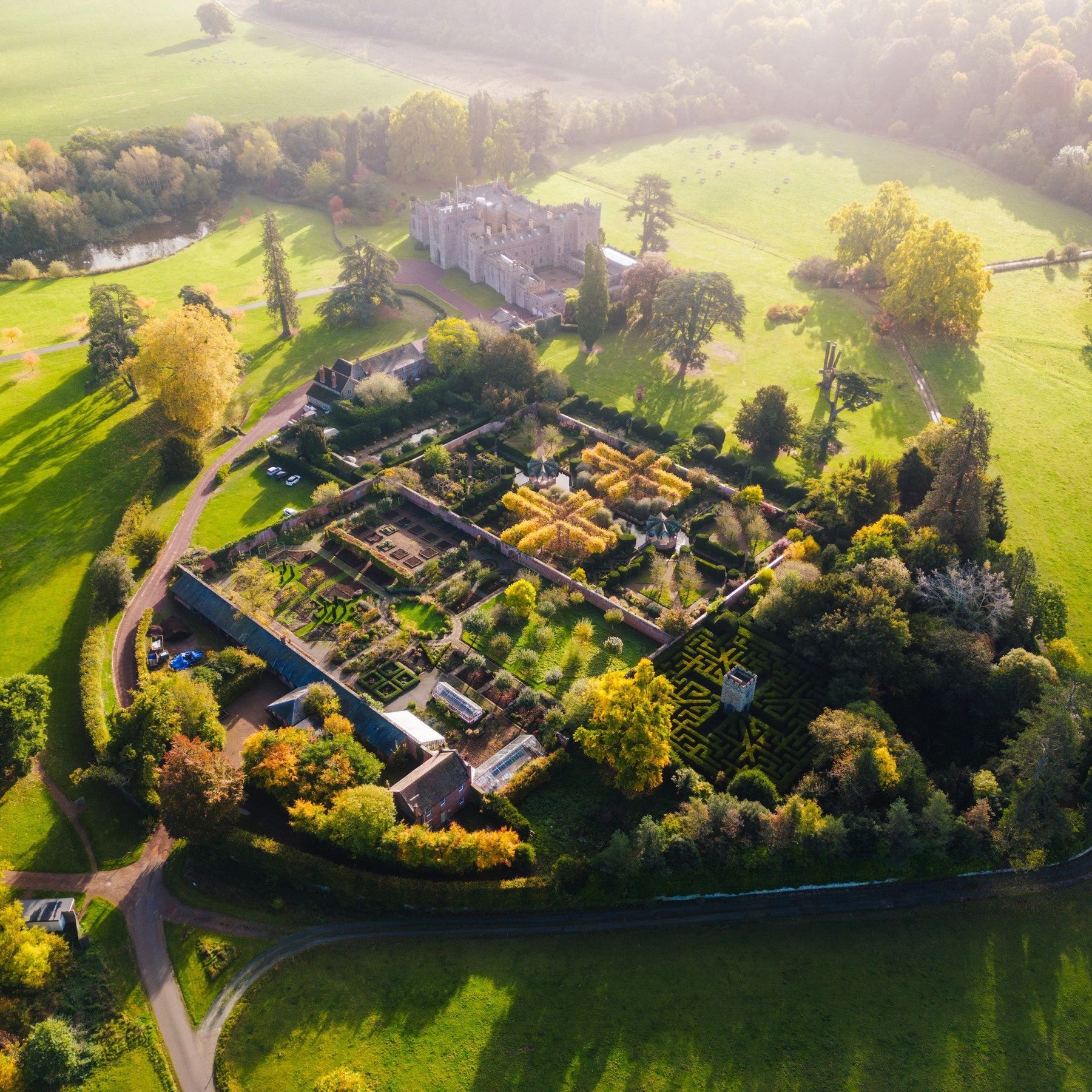 Ariel View of the Hampton Gardens and Hampton Court Castle