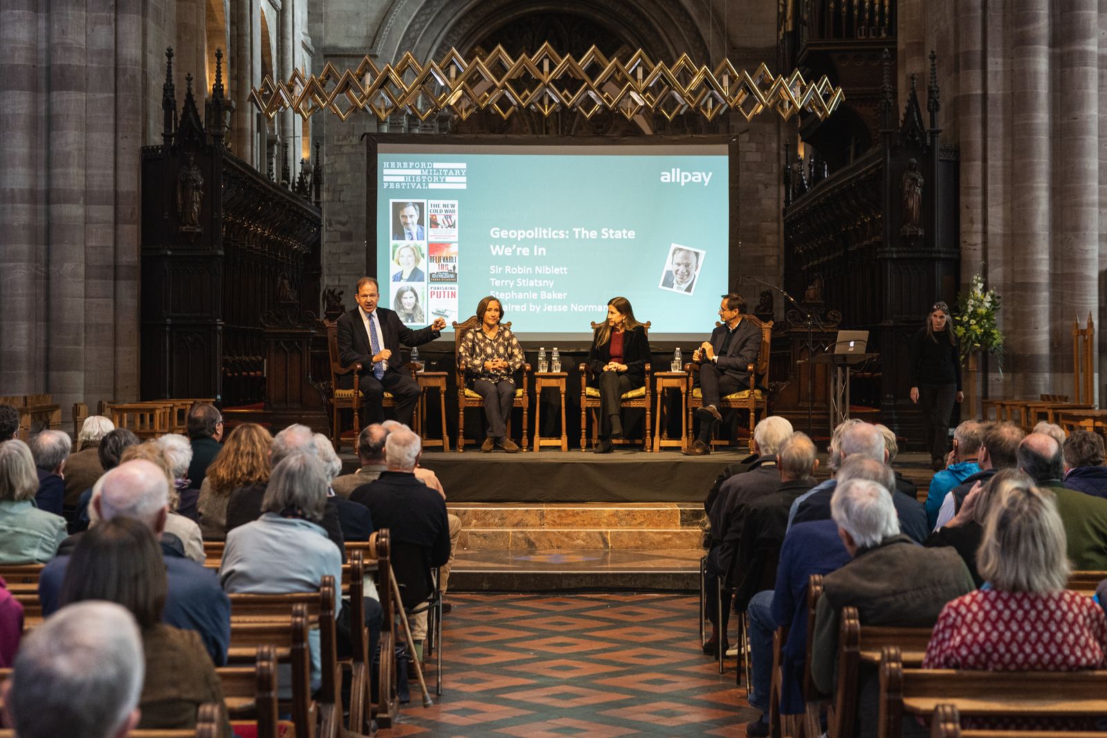 view of stage with speakers and audience at Hereford Military History Festival 