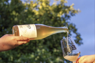 Glass of cider being pored from a bottle on sunny day 