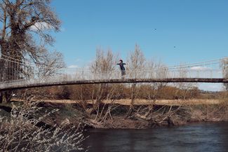 Walking over bridge