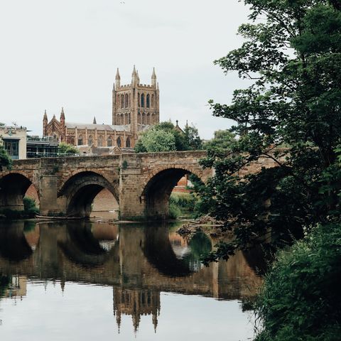 View of the old bridge in Hereford and Cathedral