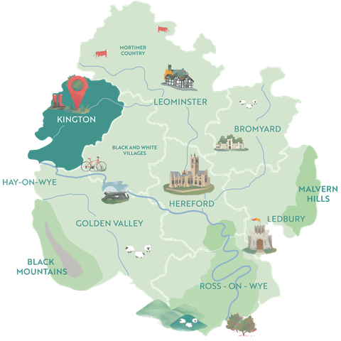 Illustrated map showing Kington within the County