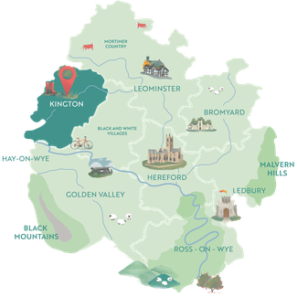 Illustrated map showing Kington within the County