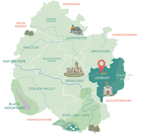 Map of Ledbury's location with Herefordshire