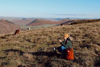 Woman drinking tea atop hilly landscape with wild ponies in background