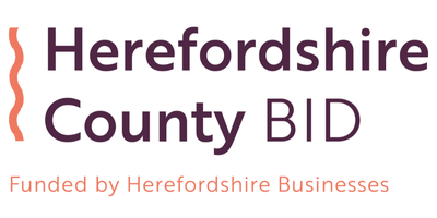Herefordshire County BID logo with aubergine coloured text and coral accents