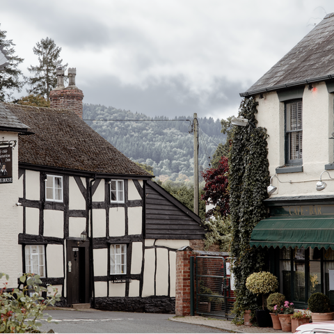 View of Weobley black and white houses with hills in the background