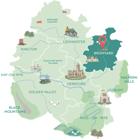 Illustrated map showing Bromyard within the County