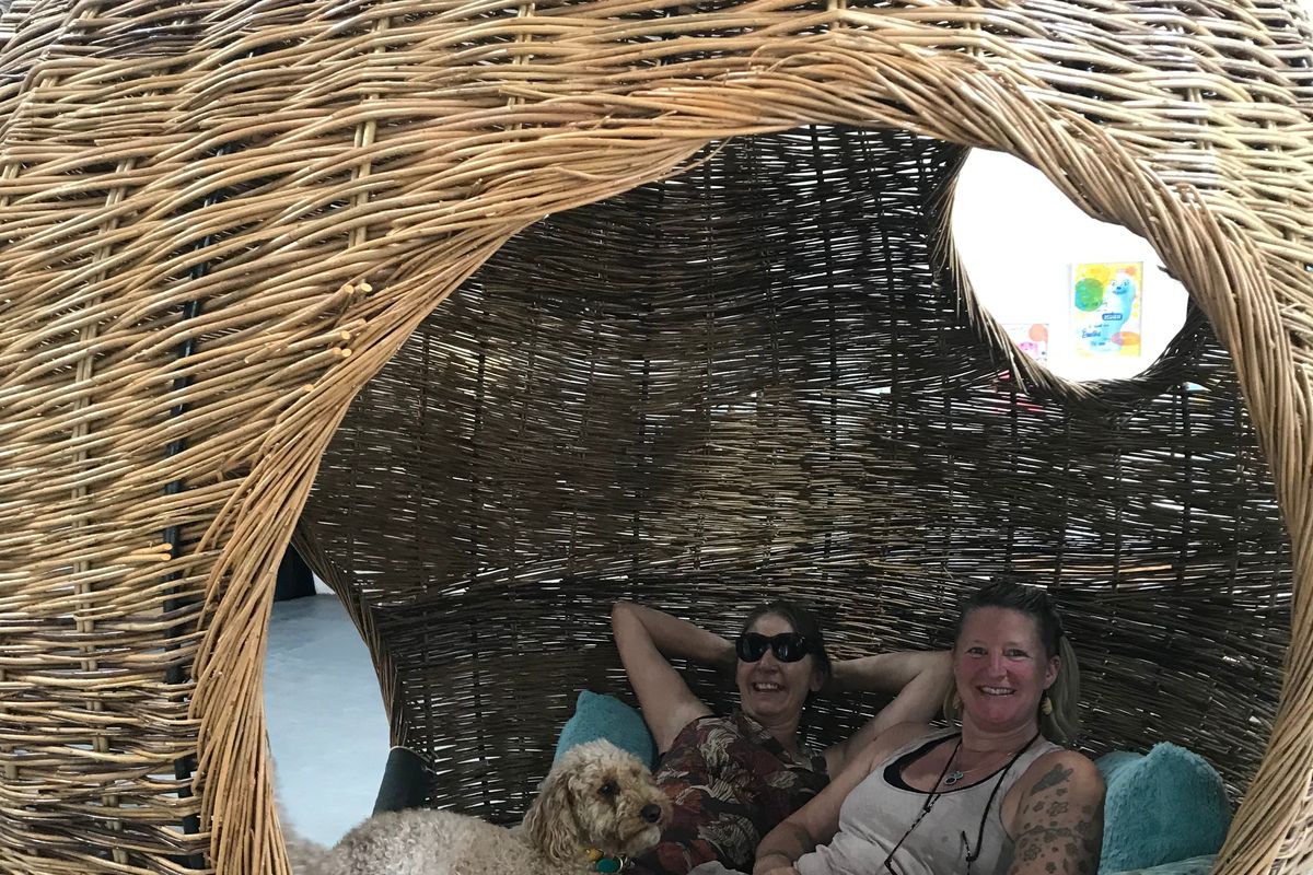 people sat in a woven hanging swing chair