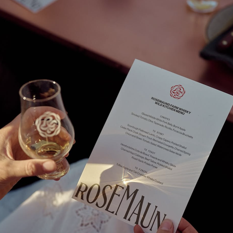 woman holding whiskey glass and menu in dappled sunlight