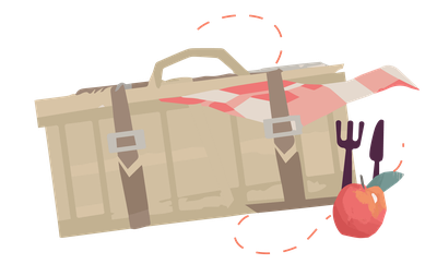 Food Safari icon with picnic basket, apple, knife and fork