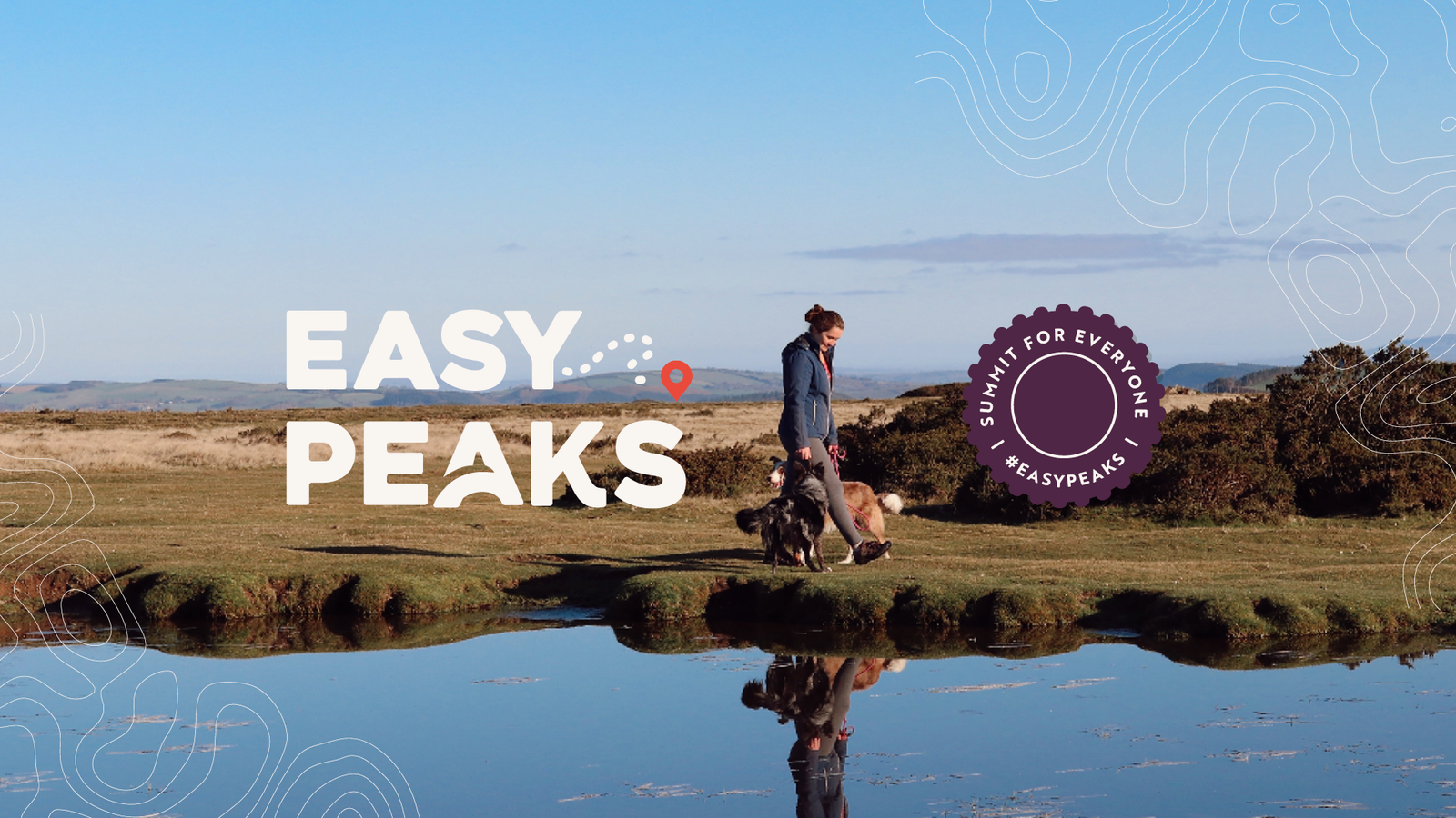 Photo of person walking on a hilltop waterscape with 'Easy Peaks' logo overlaid