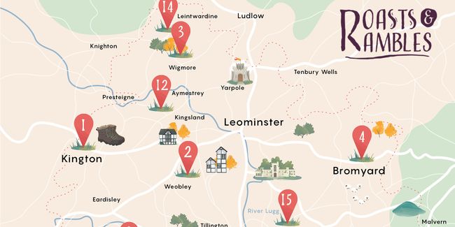 Map of Herefordshire with route starting points marked on it