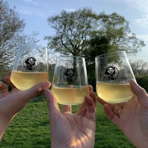glasses filled with cider being raised in a cheers against a blue sky