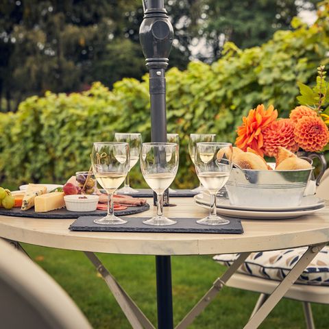 Flight of Wine Glasses with cheeseboard next to vineyard