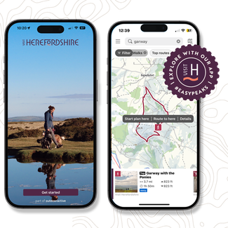 Phone screens showing the Visit Herefordshire App