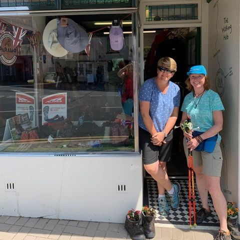 Clare Balding and Ali Allen outside The Walking Hub shop