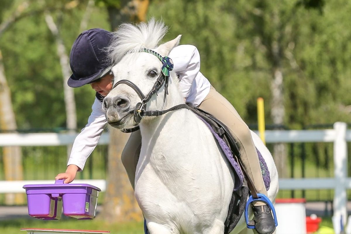 child on a white pony at event