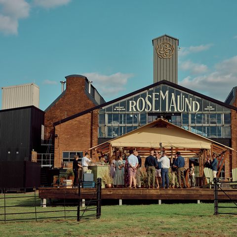 View of a party gathering outside Rosemaund Distillery