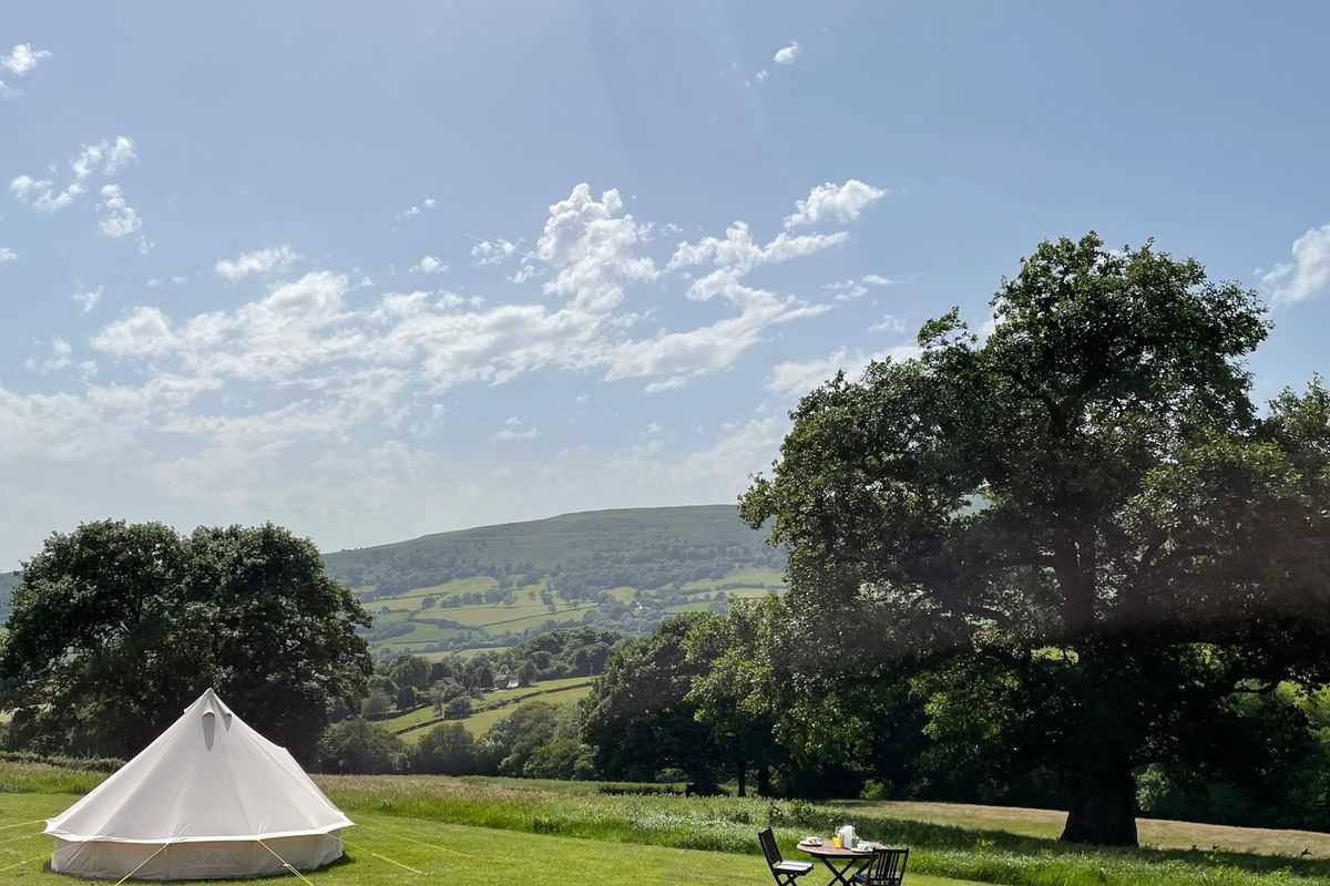 Tent, firepit, picnic table, meadow