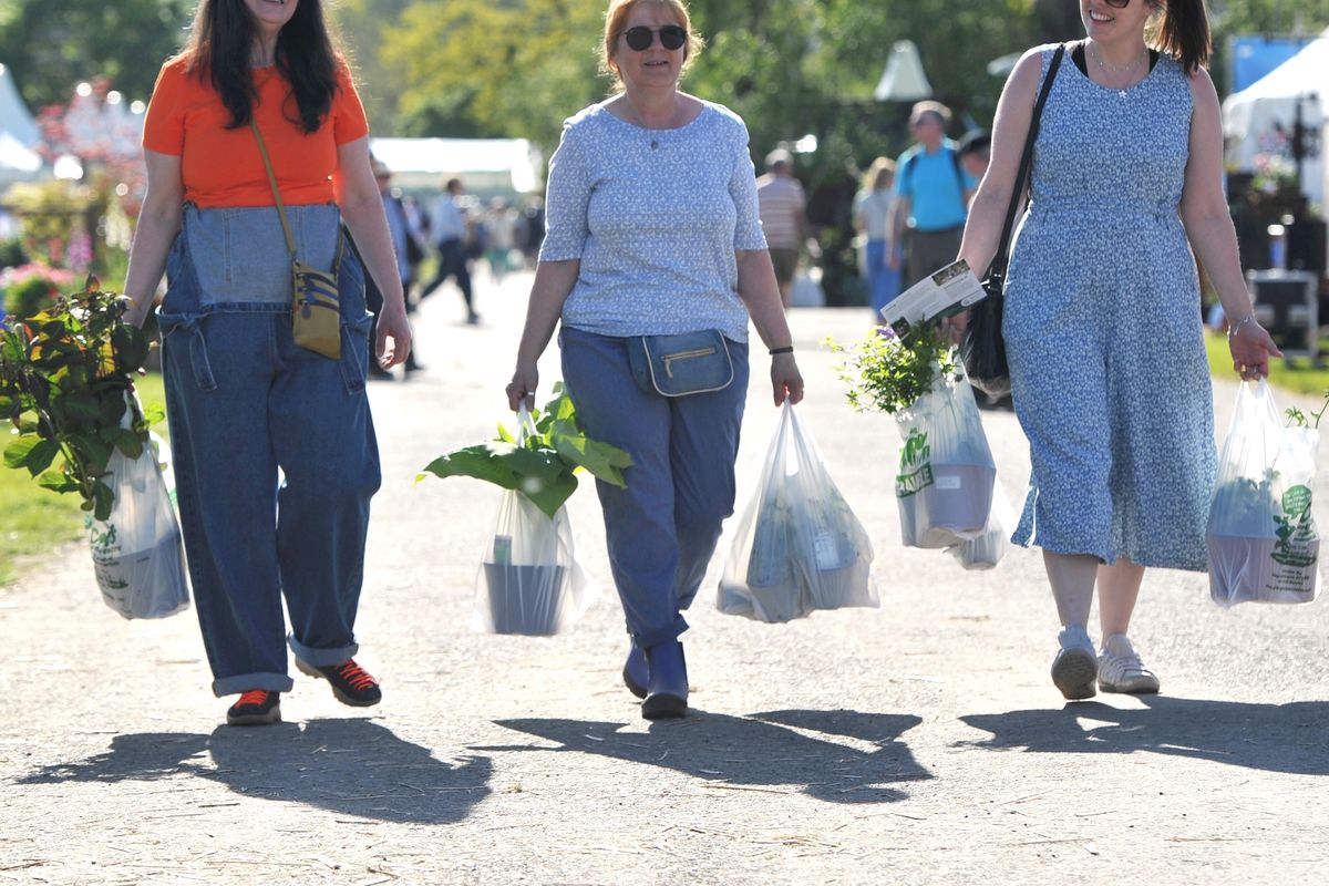 People carrying shopping bags full of plants
