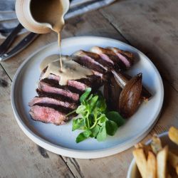 60 Day Dry Aged Ribeye Steak, Beef Dripping Chips, Beer Shallot, Peppercorn Sauce