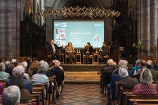 view of stage with speakers and audience at Hereford Military History Festival 