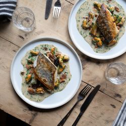 Hake, Guanciale, Smoked Leek, Mussels, Cider Sauce