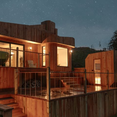 Scandi cabin at night