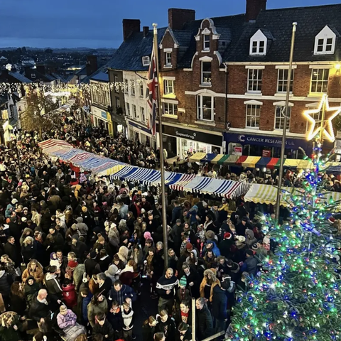 Christmas market packed with people featuring christmas tree and lights