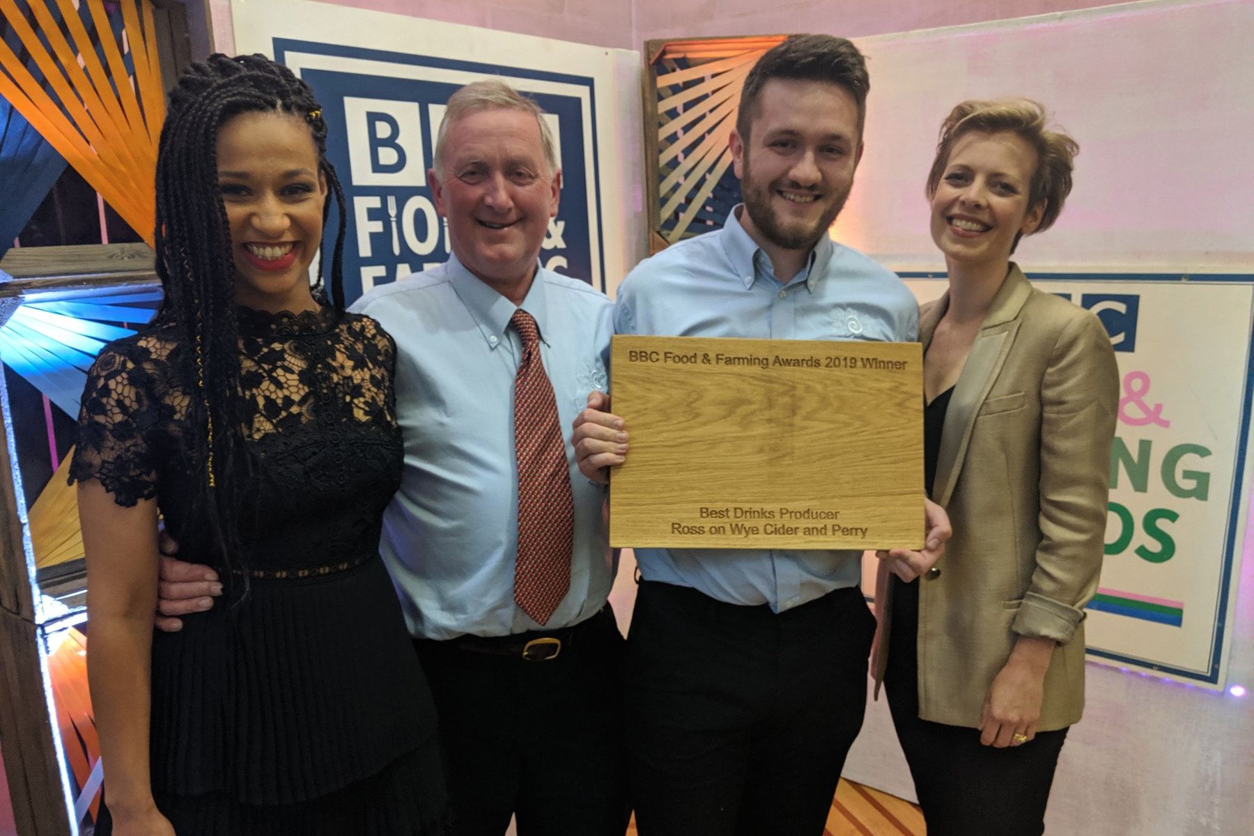 In 2019 we won the BBC Food & Farming Awards 'Best Drinks Producer' category, Mike & Albert pose here with amazing judges Jaega Wise and Alice Lascelles.
