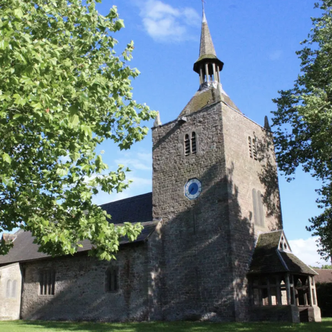 church spire set against a blue sky