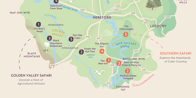 Map of Herefordshire showing the Food Safari's