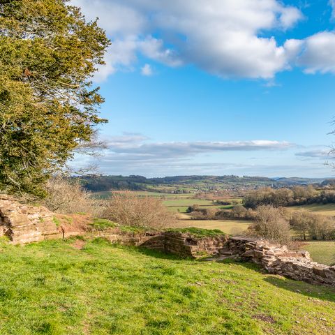Scenic shot of rolling hills with Snodhill castle ruins in foreground