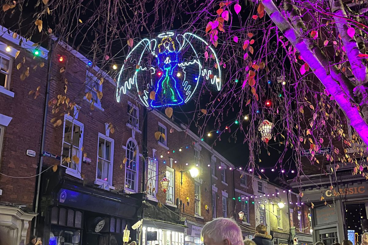 Christmas lights decoration in Bromyard in the shape of an angel