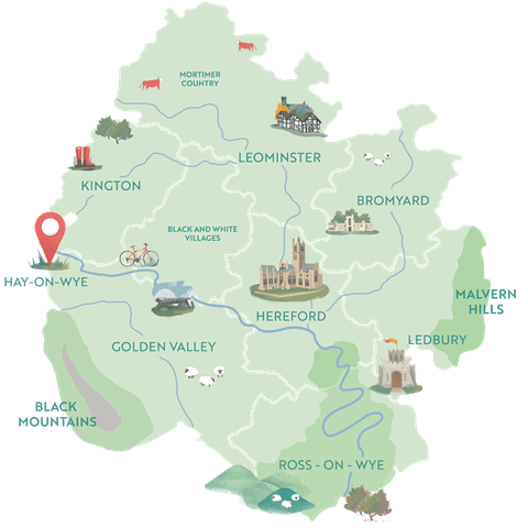 Illustrated map showing Hay-on-Wye within the County