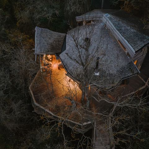 A treehouse at One Acre Wood, lit up at night