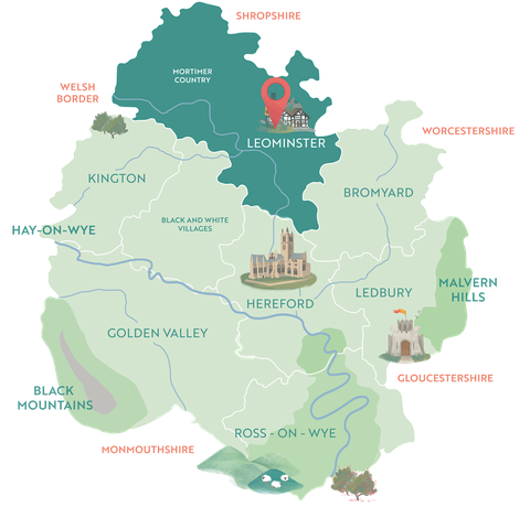 Map showing Leominster within Herefordshire