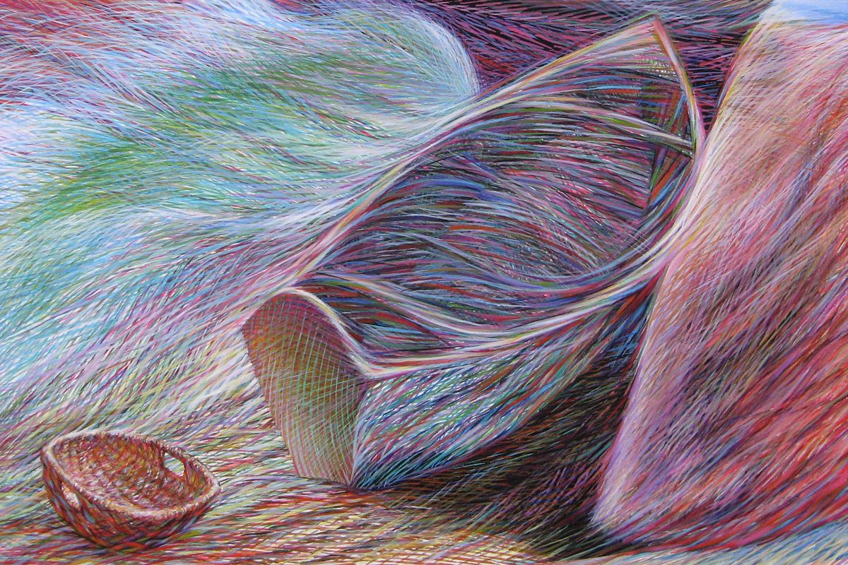 colourful line drawing of a shell-like shape