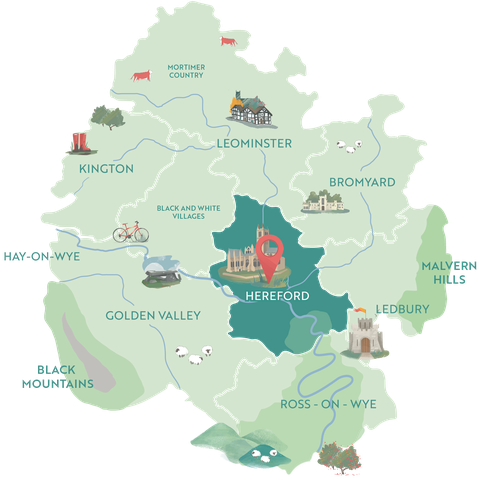 Illustrated map showing Hereford within the County