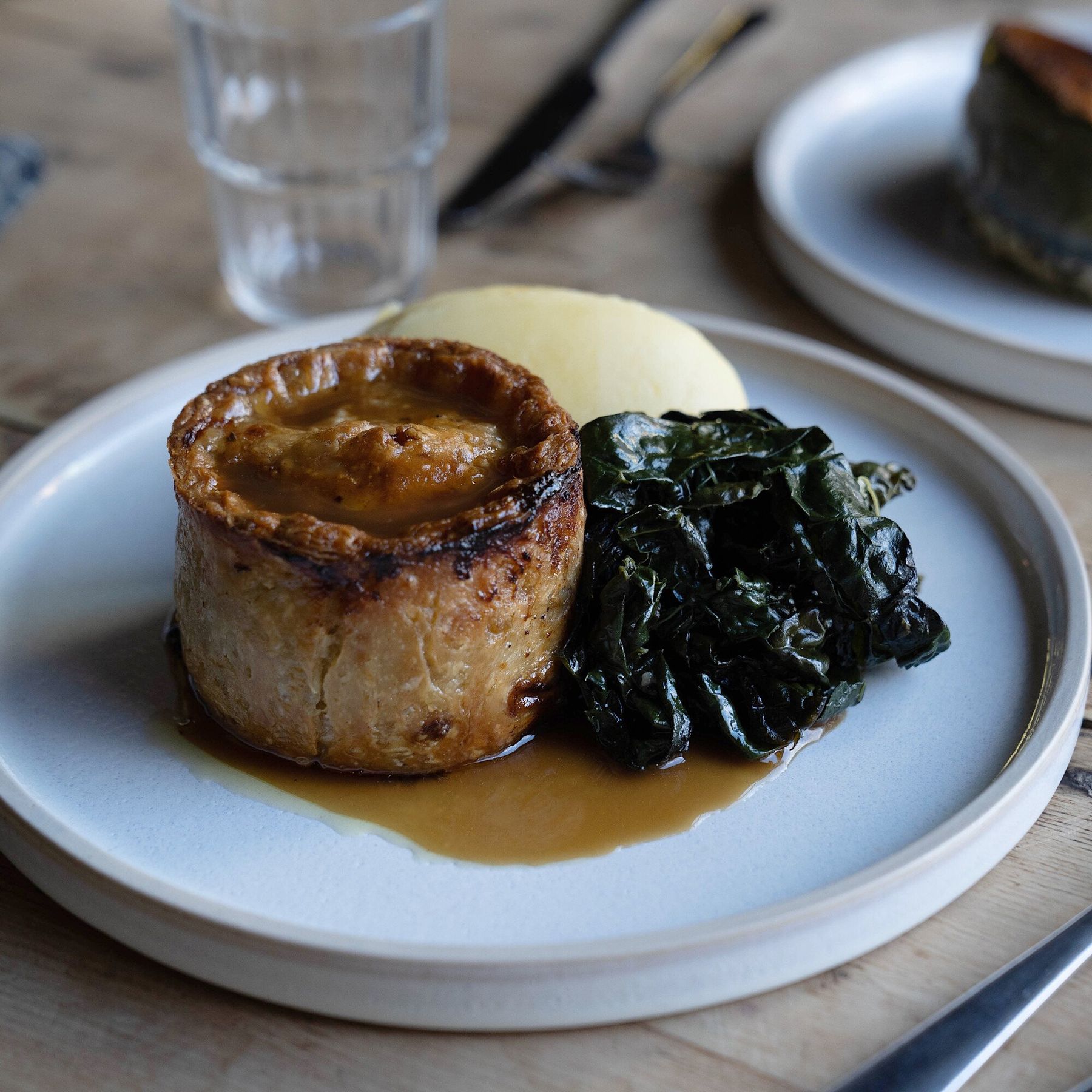 Beef Shin and Butty Pie, Bone Marrow Mash, Braised Greens