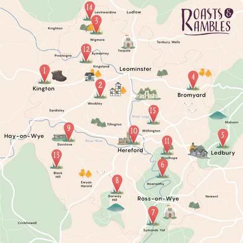 Map of Herefordshire with route starting points marked on it