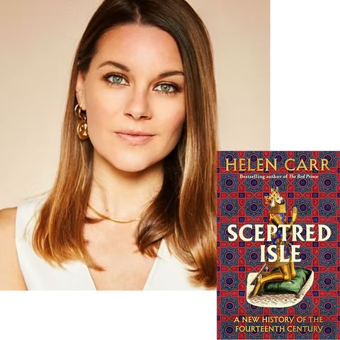 Photo of Helen Carr with book cover of the Sceptred Isle