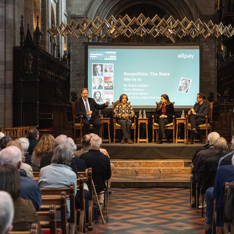 view of stage with speakers and audience at Hereford Military History Festival 